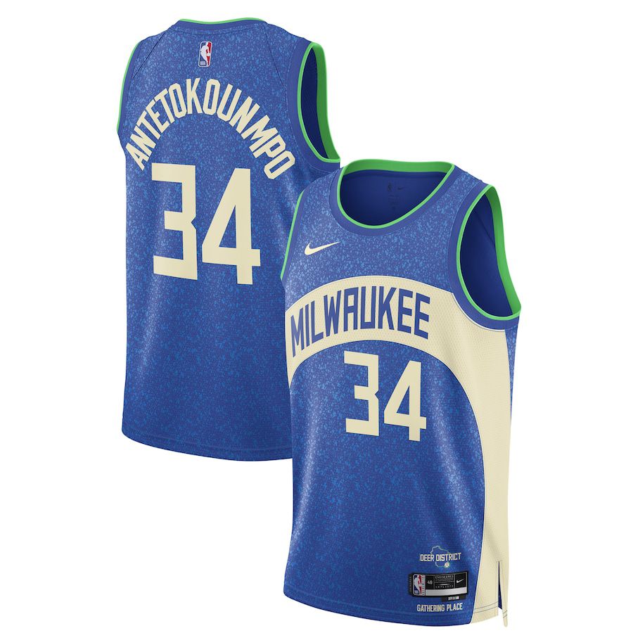 Men Milwaukee Bucks #34 Giannis Antetokounmpo Nike Blue City Edition 2023-24 Swingman NBA Jersey->milwaukee bucks->NBA Jersey